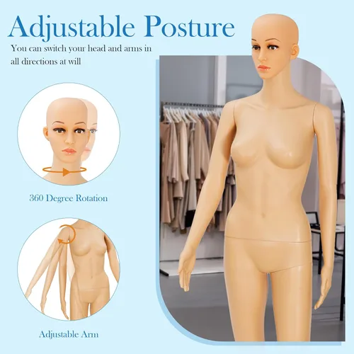 Miniatura 4 de Maniquí femenino de cuerpo completo con cabeza ajustable, extremidades flexibles, diseño desmontable de 69 pulgadas, forma de vestido con base