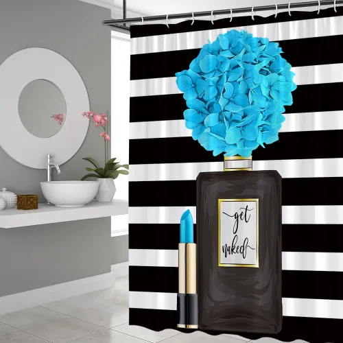 Miniatura 2 de Cortina de ducha negra con diseño de flores para niña, mujer, pintalabios, encantadora decoración de baño, juego de baño con gancho, 36 pulgadas