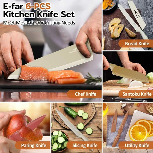 Miniatura 3 de E-far Juego de cuchillos de cocina de 12 piezas, juego de cuchillos de chef de acero inoxidable con 6 protectores de cuchillas, cuchillo de cocina
