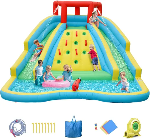 OLAKIDS Tobogán acuático inflable, parque acuático 5 en 1 con 2 toboganes, pared de escalada, pistola de agua grande para piscina, castillo de salto
