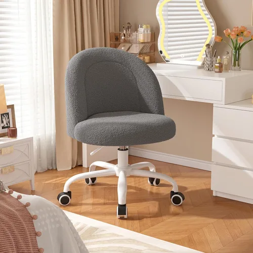 Miniatura 6 de DurayLoly Silla de tocador con respaldo, bonita silla de escritorio con ruedas, silla de oficina sin brazos ajustable en altura, soporte lumbar Gris