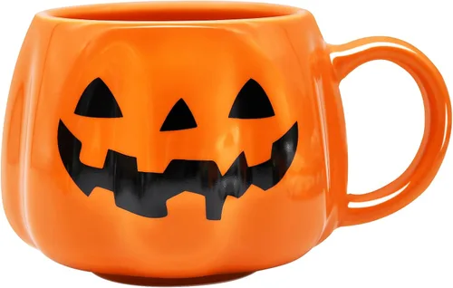 Miniatura 9 de Taza de calabaza negra de Halloween de 12 onzas, taza de café de cerámica Jack O'Lantern con cara dorada, regalos espeluznantes y lindos