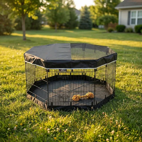 Miniatura 8 de PJYuCien Corralito octogonal para perros con cubierta superior y almohadilla inferior, bolígrafo de ejercicio plegable de metal, 8 paneles de 30