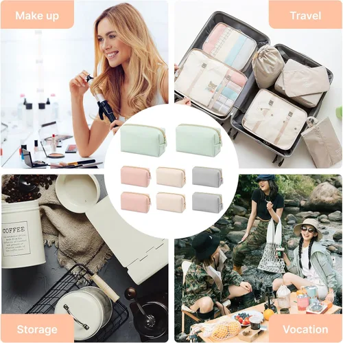 Miniatura 6 de Juego de 8 bolsas de maquillaje preparadas, bolsa de cosméticos de piel sintética, impermeable, portátil, bolsa de aseo de viaje para mujeres