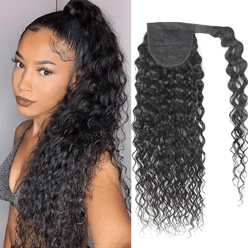 Miniatura 38 de Extensiones de pelo rizado con cordón para cola de caballo, extensiones de cabello humano para mujer con dos clips 1B# 120g/set (71cm)