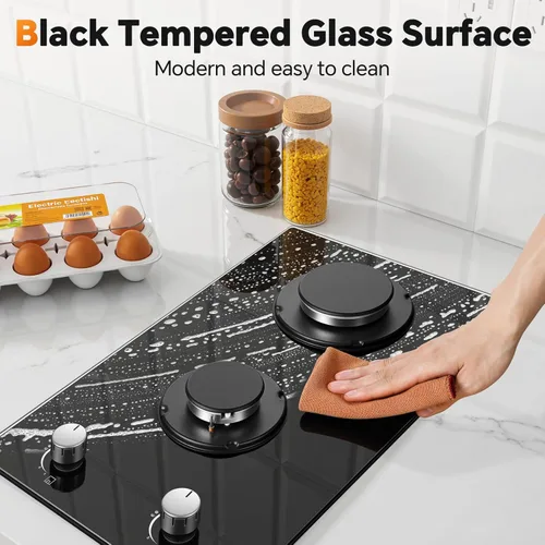 Miniatura 5 de Estufa de Gas de 2 Quemadores, Placa de Cocina de Propano de 12 Pulgadas, Placa de Cocina de Gas Empotrable de Vidrio Templado Negro con Protección