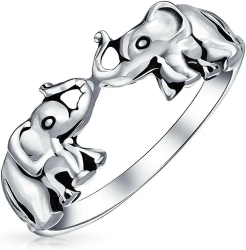 Buena suerte tronco arriba zoológico animal dos elefantes anillo para mujeres para adolescentes oxidado plata esterlina .925