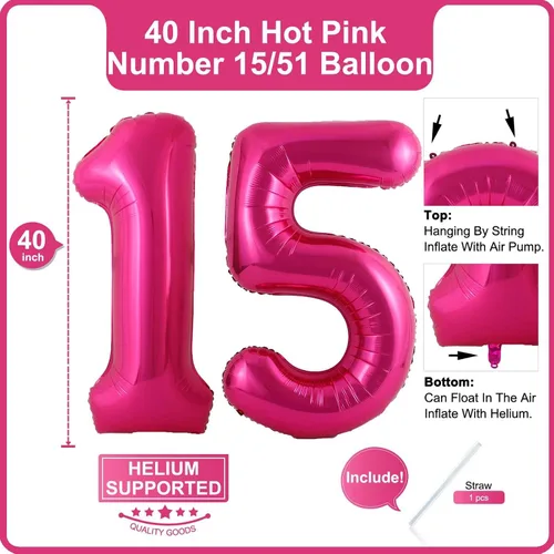 Miniatura 2 de Lovoir Globo rosa intenso de 40 pulgadas con el número 51 de 15 dígitos gigantes de papel de aluminio de Mylar para helio de 15º cumpleaños y 51