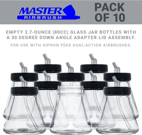 Miniatura 2 de Master Airbrush (Paquete de 10) TB-010 Botellas de vidrio vacías de 2.7 onzas (80cc) con ensamblaje de tapa adaptadora de ángulo descendente de 30°