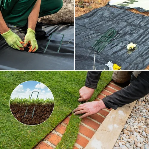 Miniatura 6 de Paquete de 10 grapas galvanizadas para paisaje, estacas de jardín en forma de U de 6 pulgadas, estacas de metal para tienda, estacas de tierra