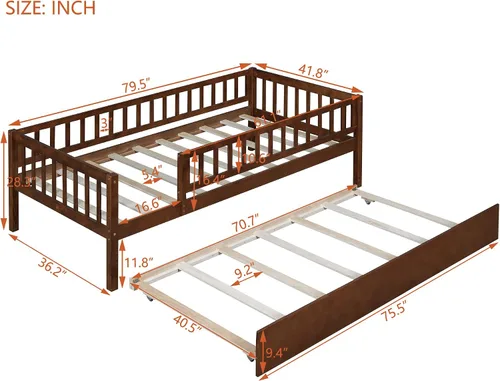 Miniatura 2 de Harper & Bright Designs Sofá cama individual con nido, marco de cama infantil de madera tamaño individual con valla, cama nido individual