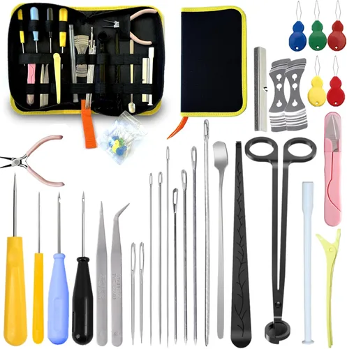 Miniatura 14 de Kit de 11 agujas de vela, moldes de herramienta de inserción de mecha, aguja perforadora con ojo de gancho, aguja de absorción de velas de ojo