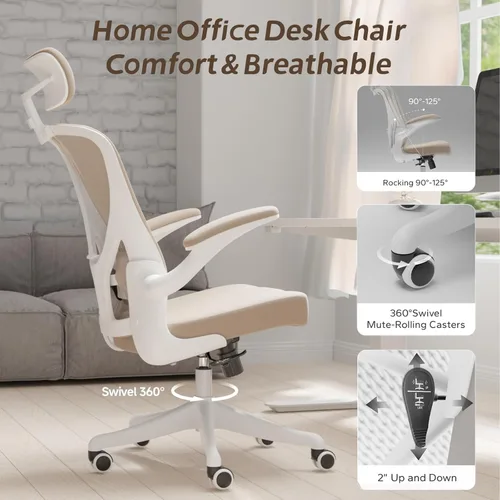 Miniatura 4 de Silla de Oficina Ergonómica con Soporte Lumbar Ajustable y Reposabrazos Abatibles - Silla de Escritorio de Computadora de Respaldo Alto con Cojín