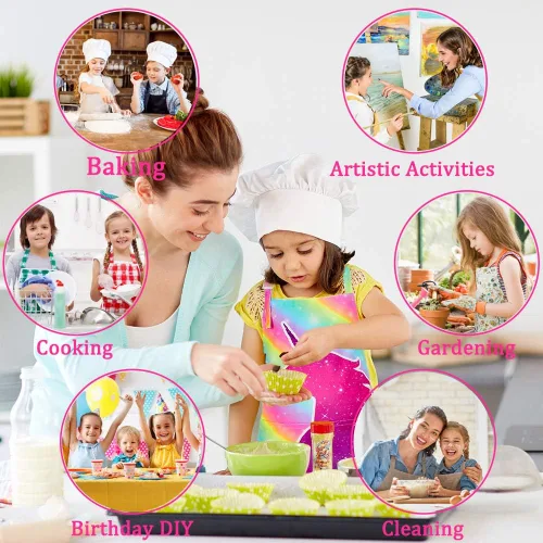 Miniatura 5 de MHJY Juego de delantal y sombrero de chef para niños, delantales para cocinar, hornear, pintar, lindo delantal con bolsillos para niñas de 3 a 12