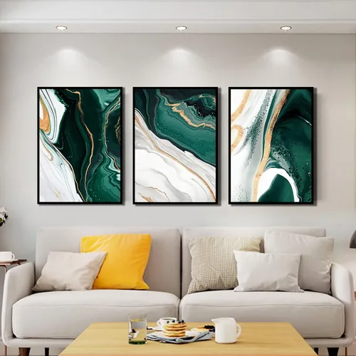 Miniatura 4 de Arte abstracto moderno de mármol verde oscuro con líneas de papel de aluminio de mármol para decoración de pared, lienzo de mármol verde abstracto