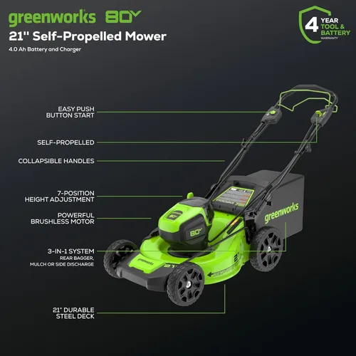 Miniatura 2 de Greenworks Cortacésped eléctrico inalámbrico sin escobillas de 80 V 21 pulgadas (autopropulsado) + soplador de hojas axial (580 CFM)