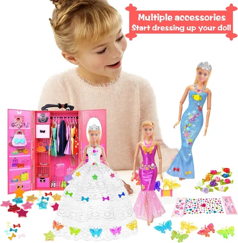 Miniatura 7 de Juego de 139 piezas de muñeca y armario de moda de 11.5 pulgadas: vestido de novia, trajes, zapatos, bolsos, collar, accesorios de calcomanías