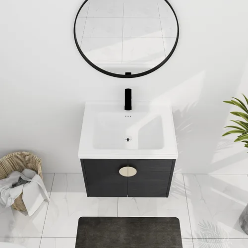 Miniatura 4 de Juego de tocador de baño de 24 pulgadas con lavabo montado en la pared, moderno juego de tocador de baño con lavabo de cerámica blanca y mango