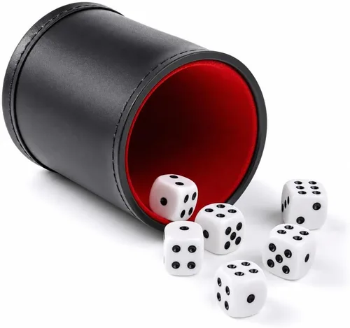 Juego de dados de piel sintética con forro de fieltro con 6 dados de puntos (negro, paquete de 1)