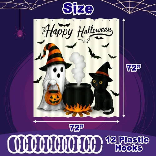Miniatura 3 de Tieshankao Decoración de baño de Halloween, cortina de ducha de calabaza fantasma, gato, decoración espeluznante con 12 ganchos de 72 x 72 pulgadas