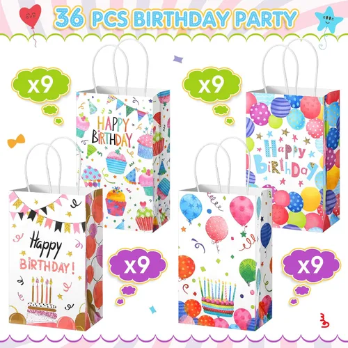 Miniatura 2 de Fulmoon 36 bolsas de regalo de feliz cumpleaños, a granel, bolsas de regalo de feliz cumpleaños con asa, suministros de papel colorido para fiestas