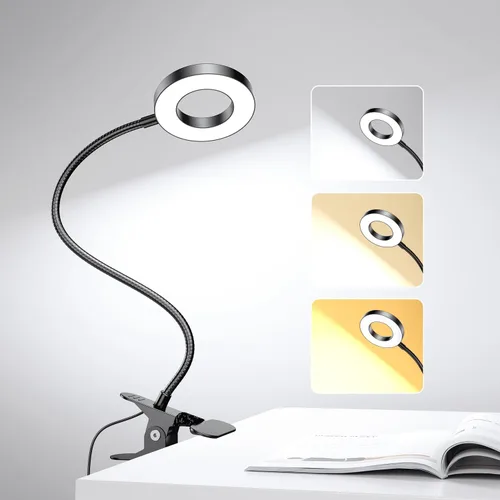 Lámpara LED de escritorio con clip con 3 modos de color, 10 anillos de brillo/luz de abrazadera, cuello ajustable de 360°, regulable, protección