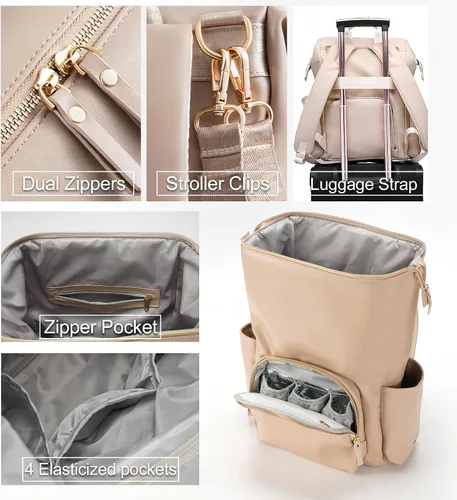 Miniatura 4 de Mochila para pañales de cuero sintético con bolsillos impermeables, hebilla para cochecito y cambiador - 35L bolsas grandes para pañales, bolsa
