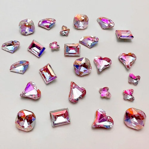 Miniatura 2 de 25 piezas de diamantes de imitación y dijes rosas para uñas, formas brillantes de mariposa y corazón, diamantes rectangulares y diamantes