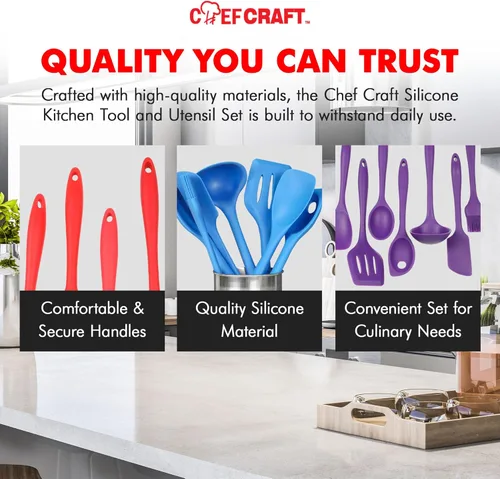 Miniatura 6 de Juego de 5 utensilios de cocina Chef Craft, de silicón, de color azul, Juego de 7 piezas, Amarillo