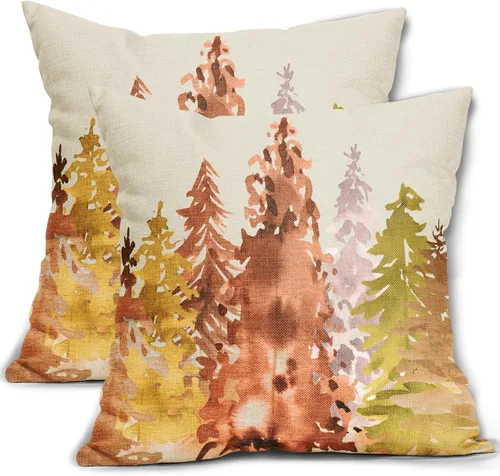 Miniatura 9 de Juego de 2 fundas de almohada de árbol azul verde acuarela de 22 x 22 pulgadas, estilo rústico, estampado de bosque natural, almohadas decorativas