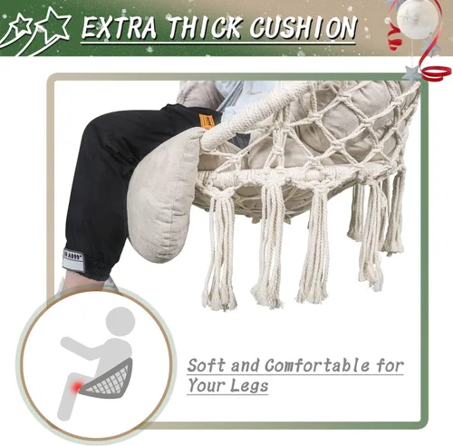 Miniatura 4 de Silla hamaca con cojín, silla columpio de macramé hecha a mano con kits de accesorios para colgar, estilo bohemio, silla colgante de cuerda de Beige