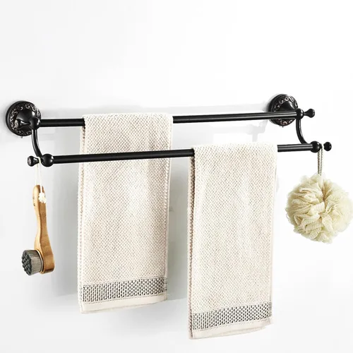 Miniatura 3 de Barra doble para toallas de bronce aceitado frotado de latón, ajustable de 15.5 a 27.5 pulgadas, soporte de barra para toallas de baño para portador
