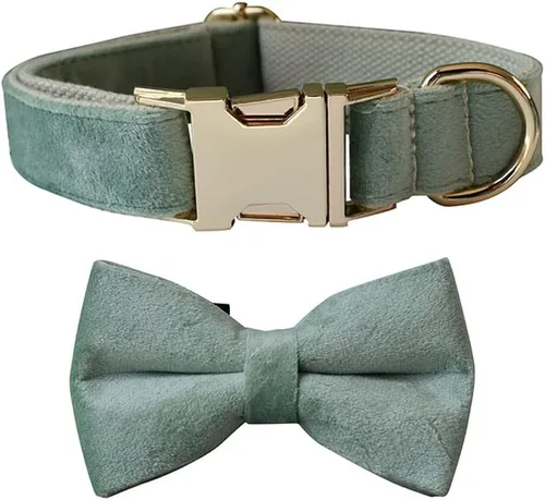 Miniatura 23 de Love Dream Collar de corbatín para perro, Collares de terciopelo para perros con corbatín desmontable y hebilla de metal, Collares de corbatín Verde
