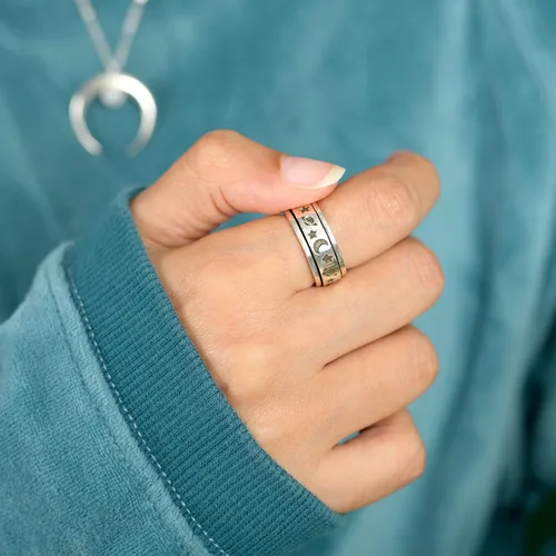 Miniatura 2 de Boho-Magic Anillo giratorio de plata de ley 925 para mujer con luna, estrellas y Saturno