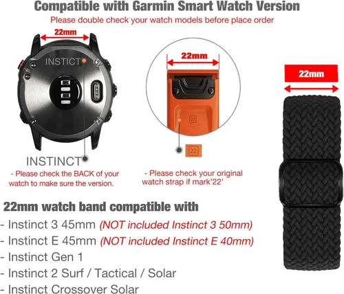 Miniatura 3 de Abanen Correa de reloj elástica Solo Loop de 0.876 pulgadas para Garmin Instinct 2 Solar/Instinct 3 de 1.772 pulgadas, correa trenzada ajustable