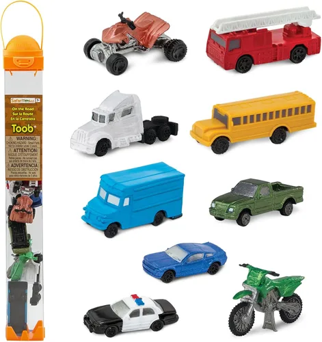 Safari Ltd On the Road TOOB - Figurillas: semi-camión, motocicleta, coche de policía, autobús escolar, coche deportivo, camión de entrega, pick-up,