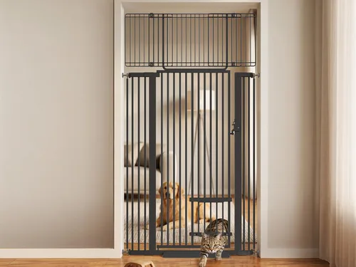 Miniatura 9 de Puerta extra alta para gatos de 55.11 pulgadas, puerta de 29.5-40.6 pulgadas de ancho con puerta pequeña para gatos, puerta de seguridad para Blanco