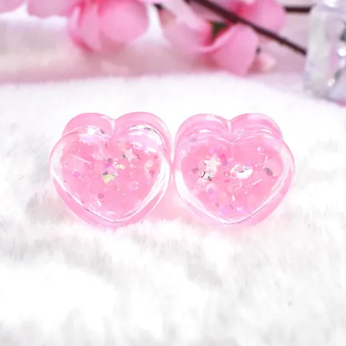 Miniatura 5 de 6 unids3 pares brillando Paillette en forma de corazón medidores de oreja túneles y enchufe acrílico dilatador de oreja Stud estirando