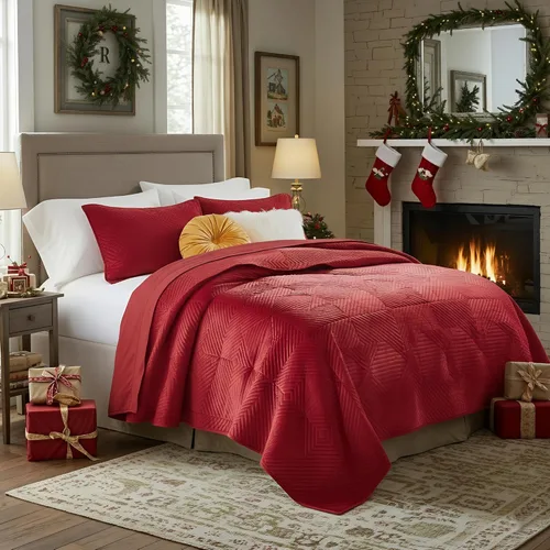 Miniatura 2 de Greenland Home Fashions Juego de edredón de terciopelo finamente cosido, 2 piezas, individual, rojo Riviera