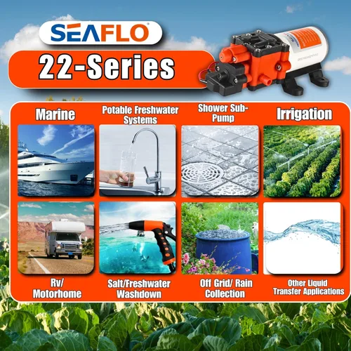 Miniatura 7 de SEAFLO Bomba de agua de la serie 22 - 12V, 1,3 GPM, 100 PSI - Bomba de presión de agua de diafragma bajo demanda para aplicaciones marinas, RV