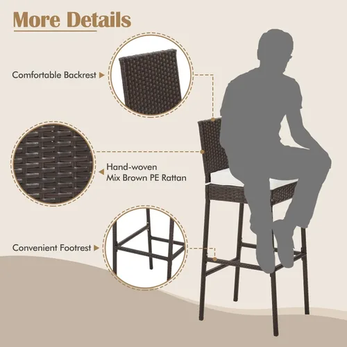 Miniatura 6 de Tangkula Juego de 2 taburetes de mimbre para patio, silla de bar para exteriores con cojín de asiento suave y reposapiés acogedor, marco de metal