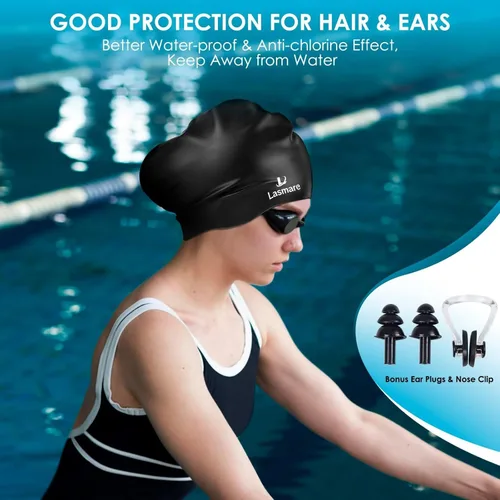 Miniatura 6 de Large Long Hair Swim Cap with Extra Room for Women Men, Silicone Swimming Cap for Long Thick Hair with Ear Plugs Nose Clip Set, Adult Waterproof