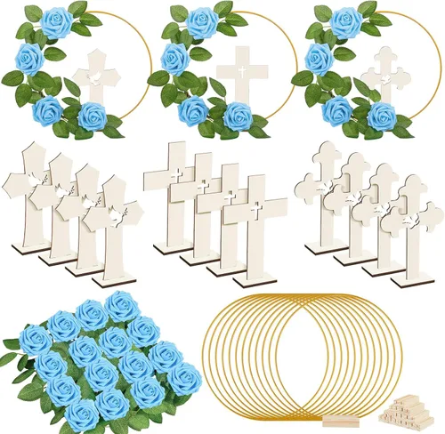 Miniatura 11 de Wesiti 48 piezas Centro de mesa para bautizo, decoración de mesa para primera comunión, 12 cruces de madera, 12 aros florales con soporte, 24 rosas