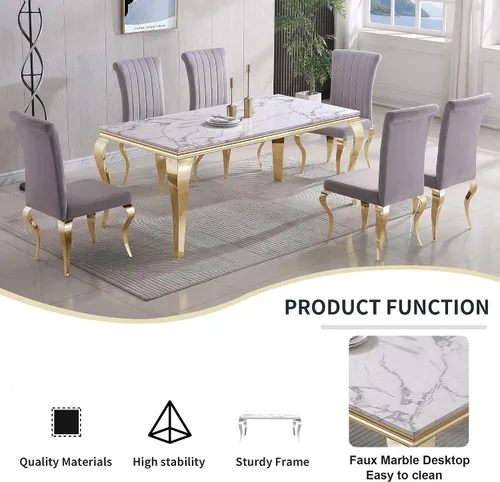 Miniatura 5 de Juego de mesa de comedor de mármol sintético de 5 piezas para 4 mesas de cocina de lujo de oro blanco con 4 sillas tapizadas de terciopelo gris