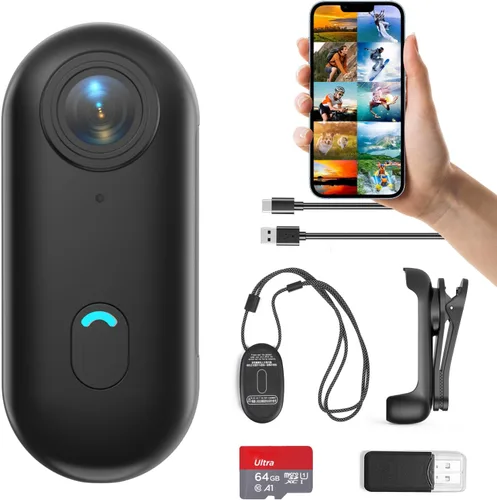 H7 64GB 1080P Cámara de acción pulgar, mini cámaras corporales, cámara de bolsillo portátil para vlogging con cordón magnético, cámara pequeña