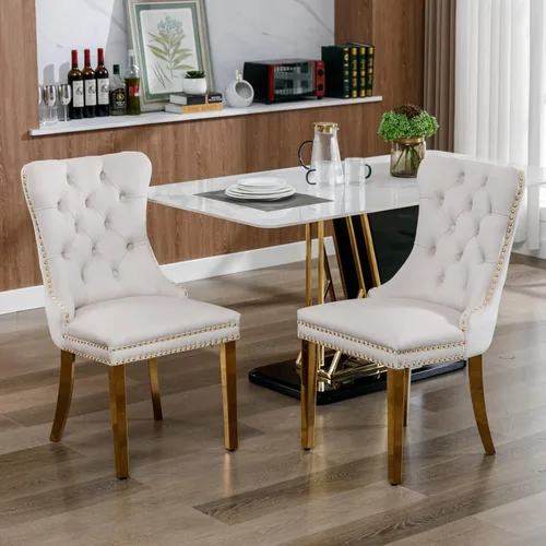 Juego de 2 sillas de comedor de terciopelo, sillas decorativas tapizadas con patas de metal dorado, ribete de cabeza de clavo, tirador de anillo