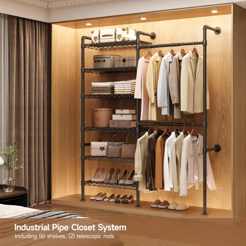 Miniatura 3 de ComfyCorner Perchero para colgar en la pared, perchero industrial de metal con 2 varillas expandibles para colgar y 6 estantes, organizadores