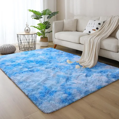 Miniatura 4 de DweIke Alfombras Shag Esponjosas Azules para Dormitorio Sala de Estar, 5x8 Grande Suave Felpa Tie-Dye Azul Cielo para Niñas y Niños, Alfombra Azul