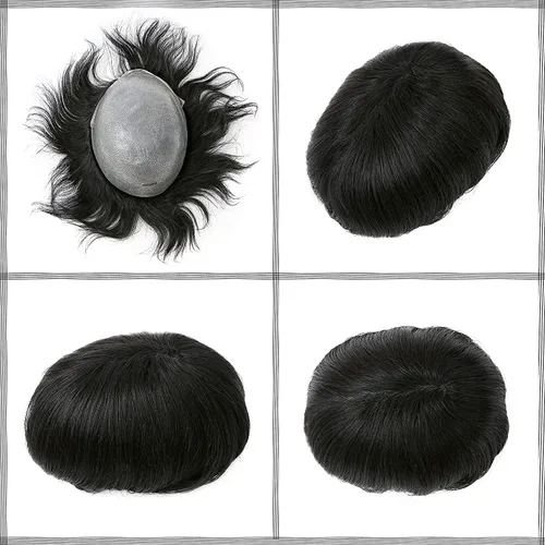 Miniatura 3 de Toupee de piel fina suave de 0.002 in PU 10x8 pulgadas reemplazo de pelo para hombre postizo 100% europeo piezas de cabello humano para hombre #1