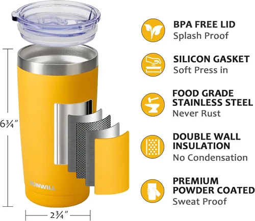 Miniatura 2 de SUNWILL Vaso de café de viaje de 20 onzas, taza aislada con tapa, taza de acero inoxidable para bebidas calientes y frías, con recubrimiento